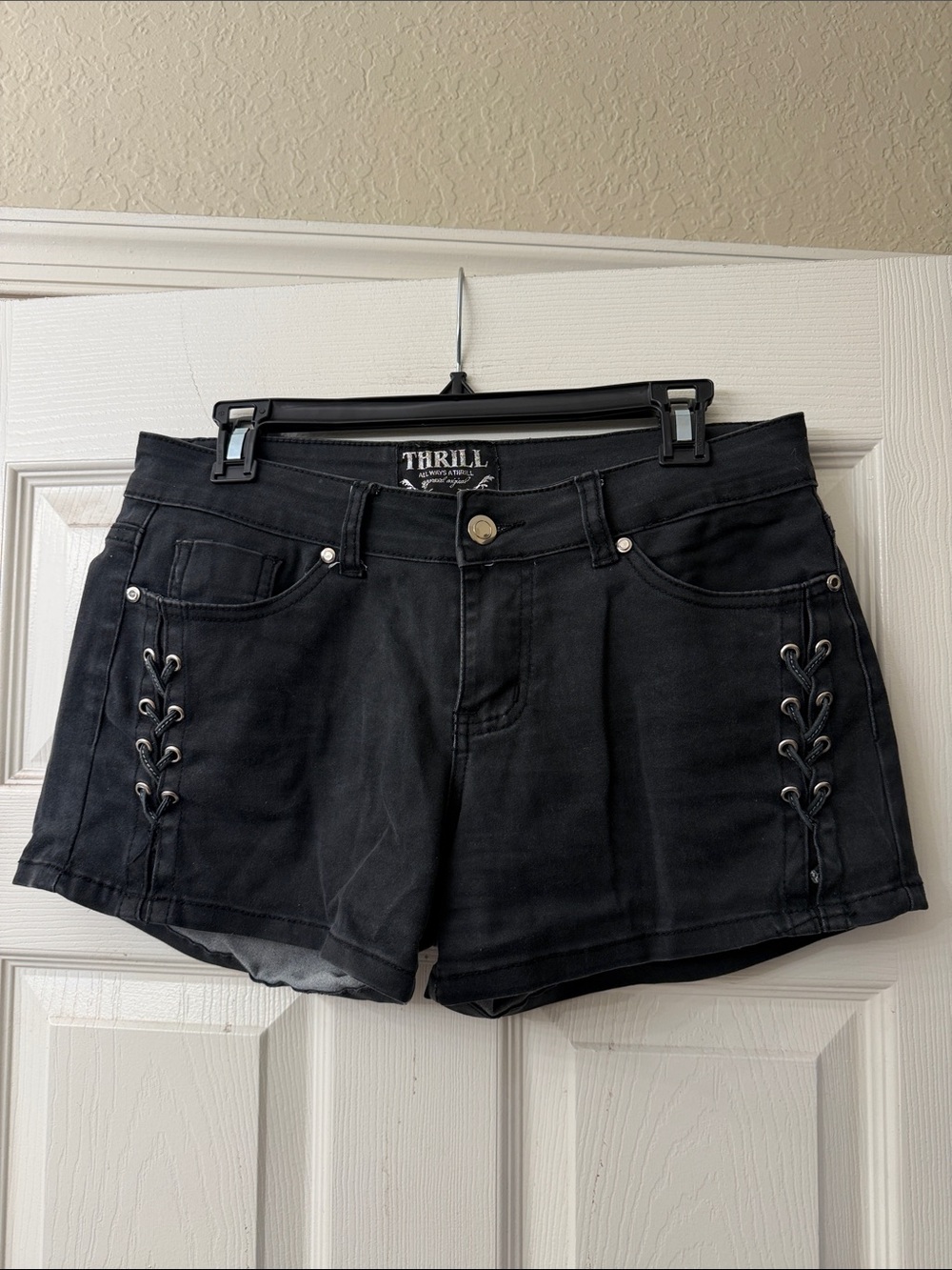 Thrill Black Lace-Up Side Eyelet Denim Shorts